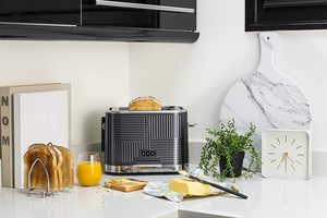 Russell Hobbs Geo Steel Toaster on display in a kitchen.