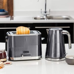 Russell Hobbs Geo Steel Toaster with a matching kettle.