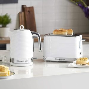 Russell Hobbs Inspire Toaster with a matching kettle.